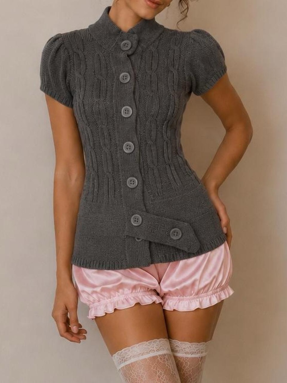 Red Camel Gray Cable-Knit Short Sleeve Button Front Cardigan